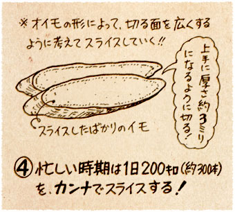 ④忙しい時期は1日200キロ（約300本）を、カンナでスライスする！